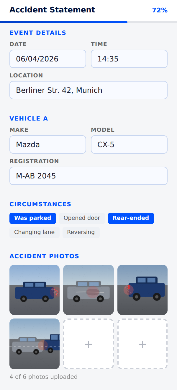 Branded CrashAssist accident form on mobile