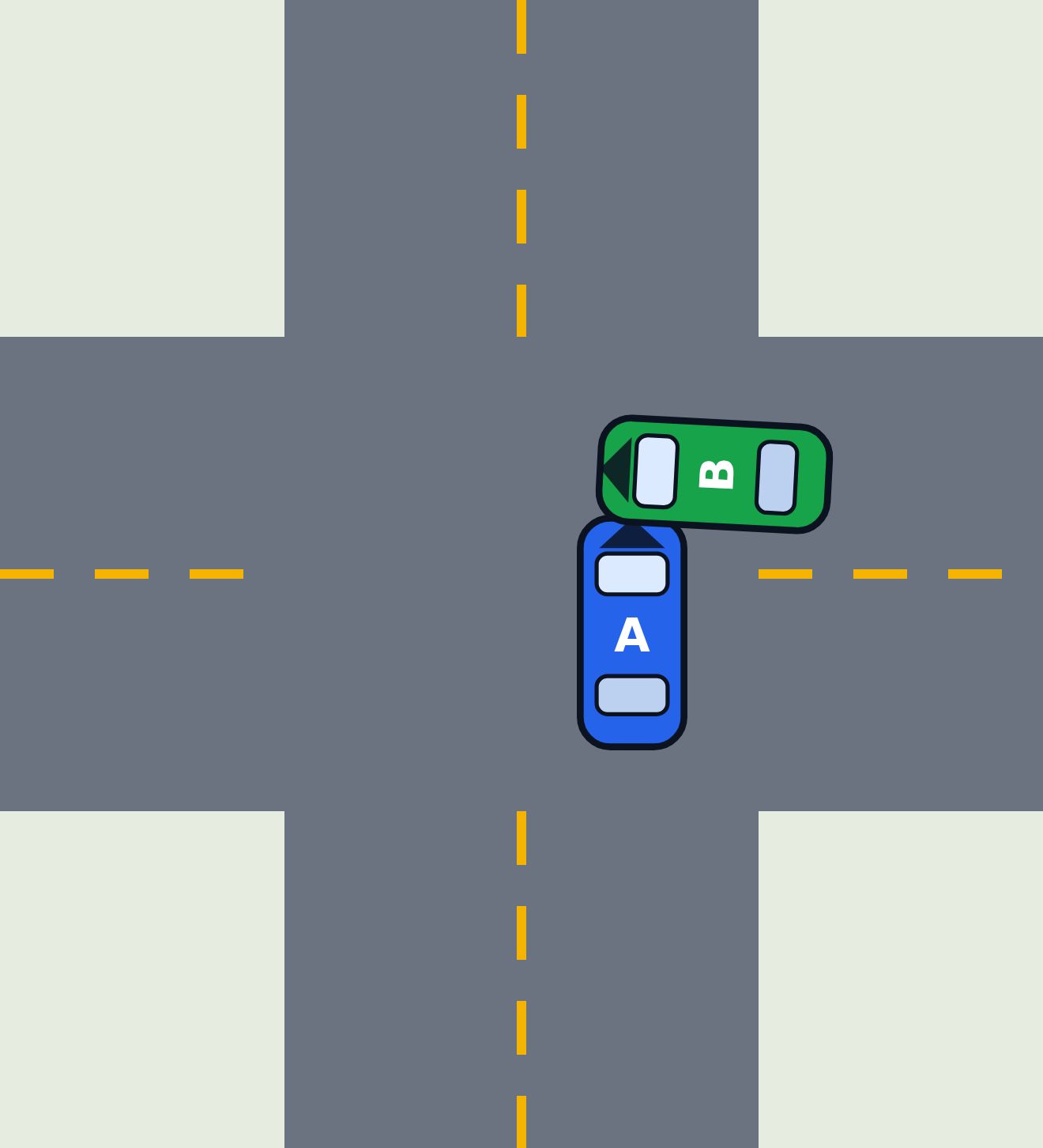 Accident sketch made with CrashAssist: car A (blue) and car B (green) colliding at a junction, drawn as a clear top-down schematic.