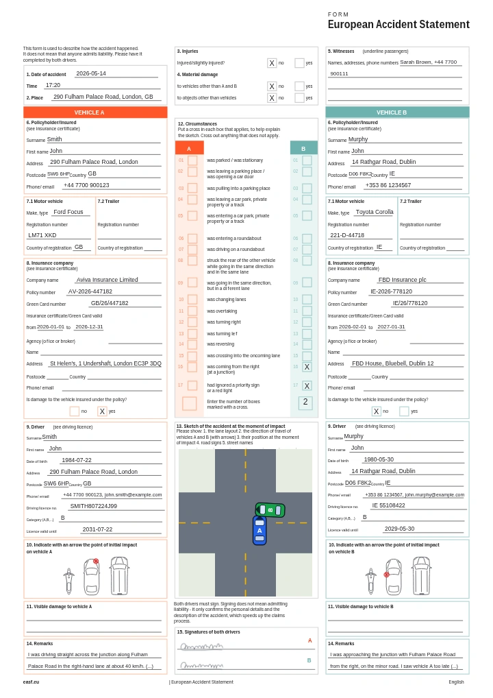 Page one of a European Accident Statement filled in with CrashAssist: both drivers' details, the ticked circumstances, a sketch of the scene and two signatures.